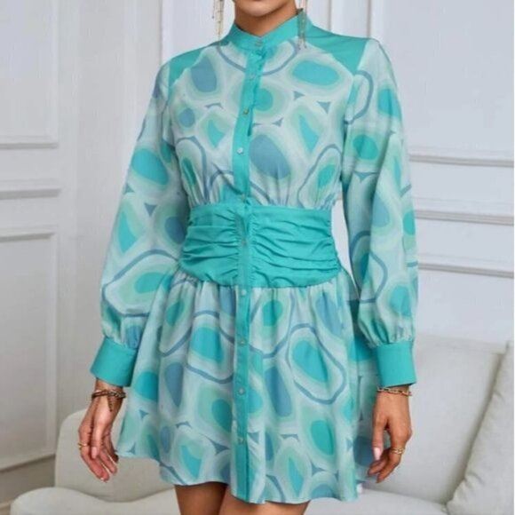 ELEGANT MULTICOLOR GEO PRINT BUTTON DOWN SHIRT DRESS - Picture 2 of 8
